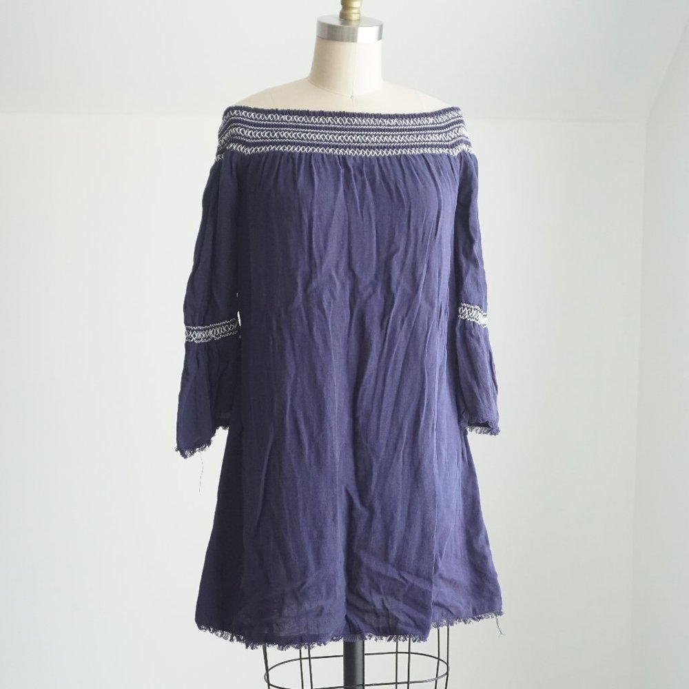 NWT Navy Blue Off The Shoulder Boho Shift Dress Size XS